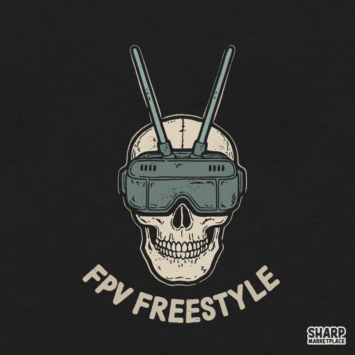 Edgy FPV drone pilot skull wearing goggles PNG design for custom streetwear and apparel