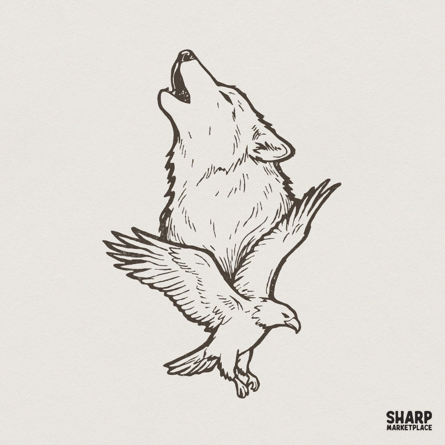 Howling Wolf and Eagle PNG, Wildlife Vintage Animal Digital Design - 300