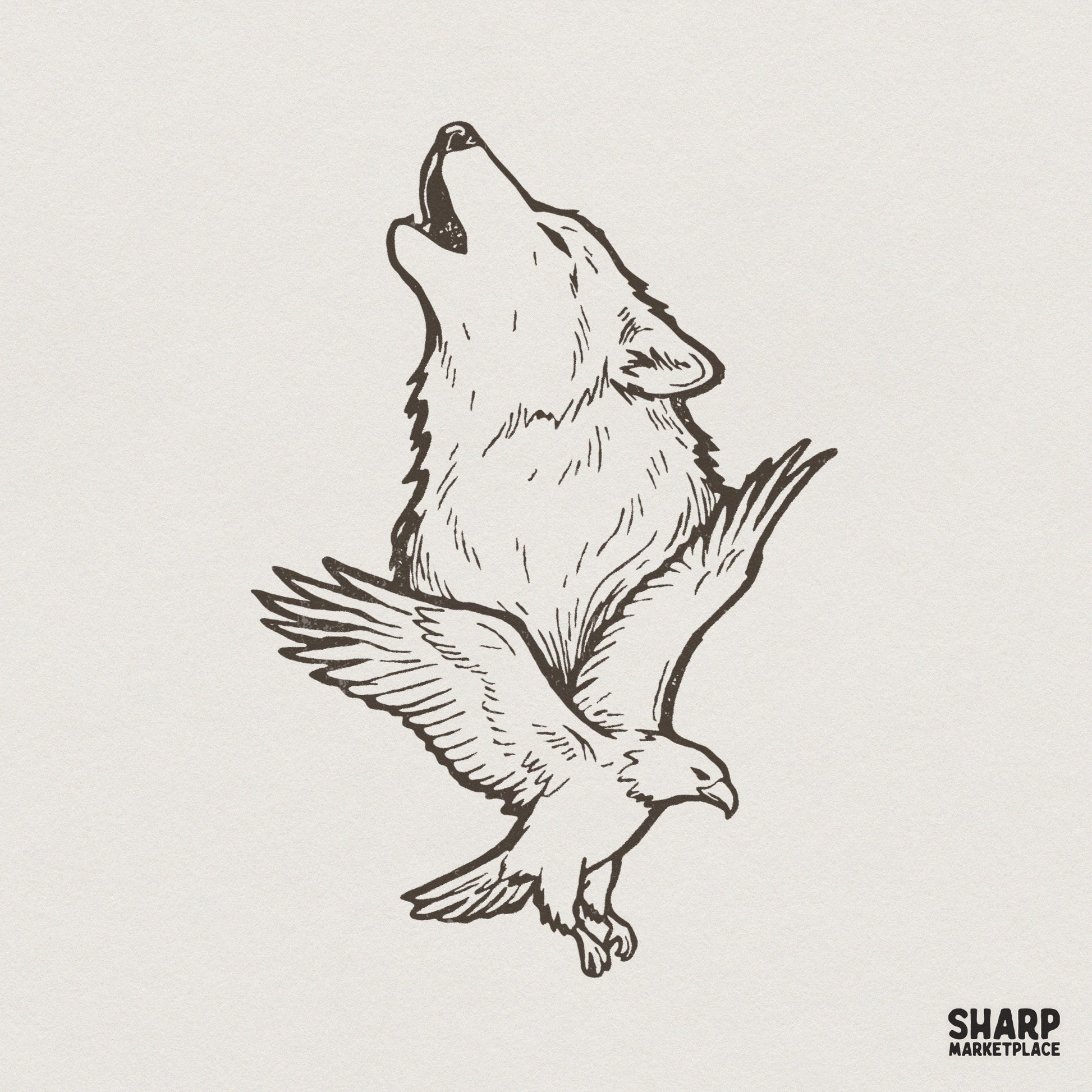 Howling Wolf and Eagle PNG, Wildlife Vintage Animal Digital Design - 300
