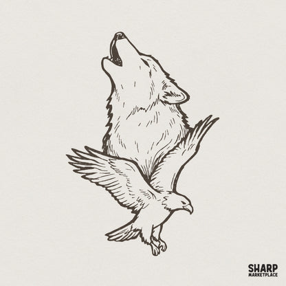Howling Wolf and Eagle PNG, Wildlife Vintage Animal Digital Design - 300