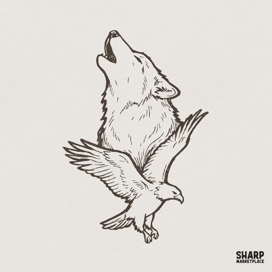 Howling Wolf and Eagle PNG, Wildlife Vintage Animal Digital Design - 300