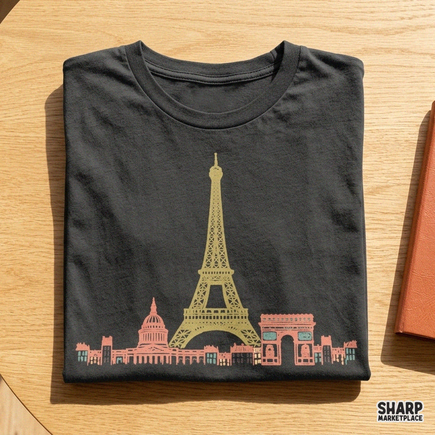 Paris red lettering sketch with Eiffel Tower and city skyline for coquette girls trip vacation apparel PNG