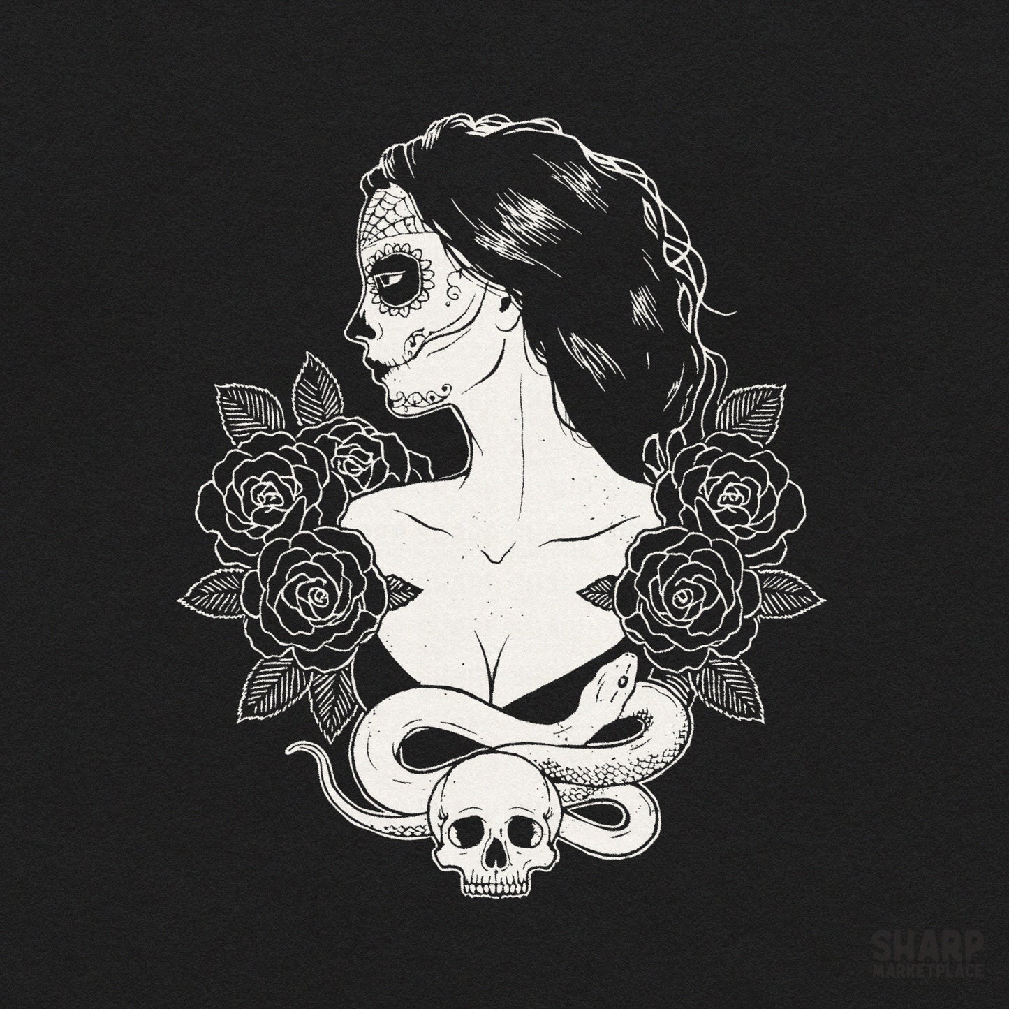 Gothic sugar skull woman with roses and snake halloween png graphic for spooky season sublimations