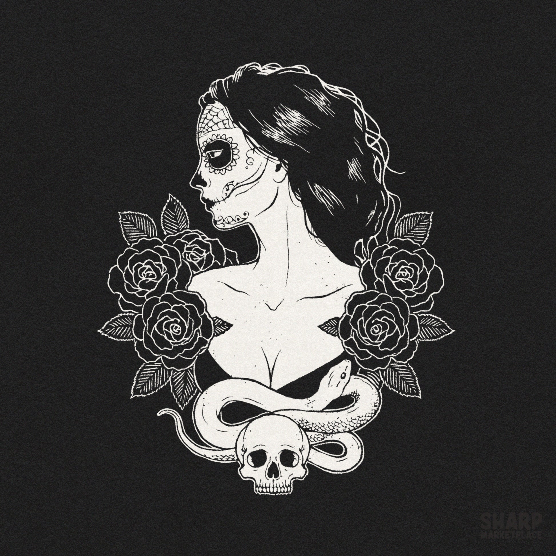 Gothic sugar skull woman with roses and snake halloween png graphic for spooky season sublimations