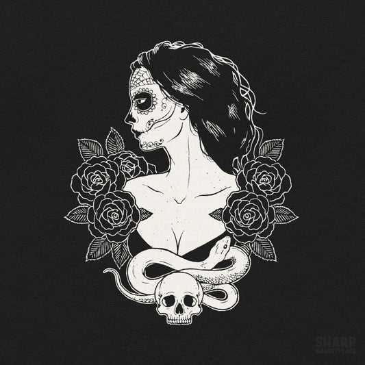 Gothic sugar skull woman with roses and snake halloween png graphic for spooky season sublimations