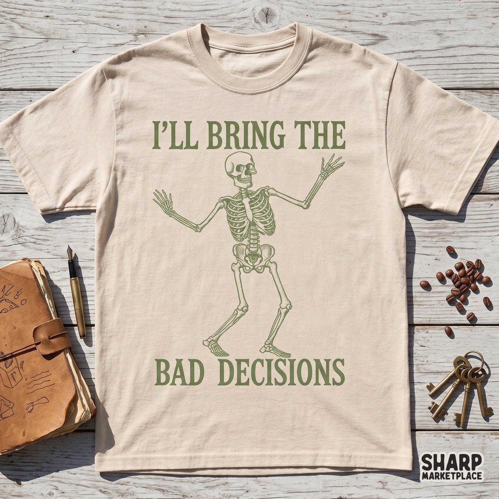 Dancing skeleton humor graphic with I'll Bring the Bad Decisions text for sarcastic girls trip shirts and dark aesthetics