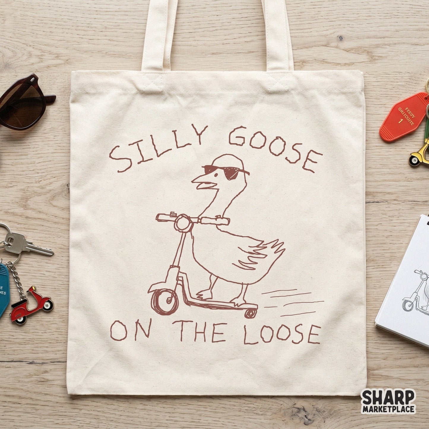 Digital sublimation design featuring a whimsical goose on a scooter with speed lines and sarcastic typography, perfect for funny apparel or DIY projects.