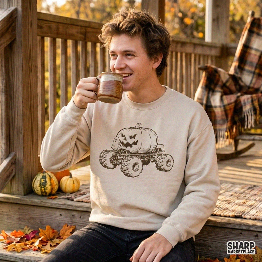 Spooky monster truck carrying a giant jack o lantern with ghost driver halloween png graphic for boys apparel