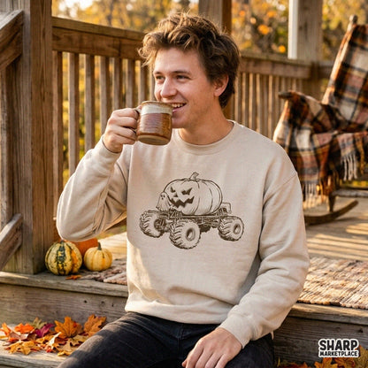 Spooky monster truck carrying a giant jack o lantern with ghost driver halloween png graphic for boys apparel