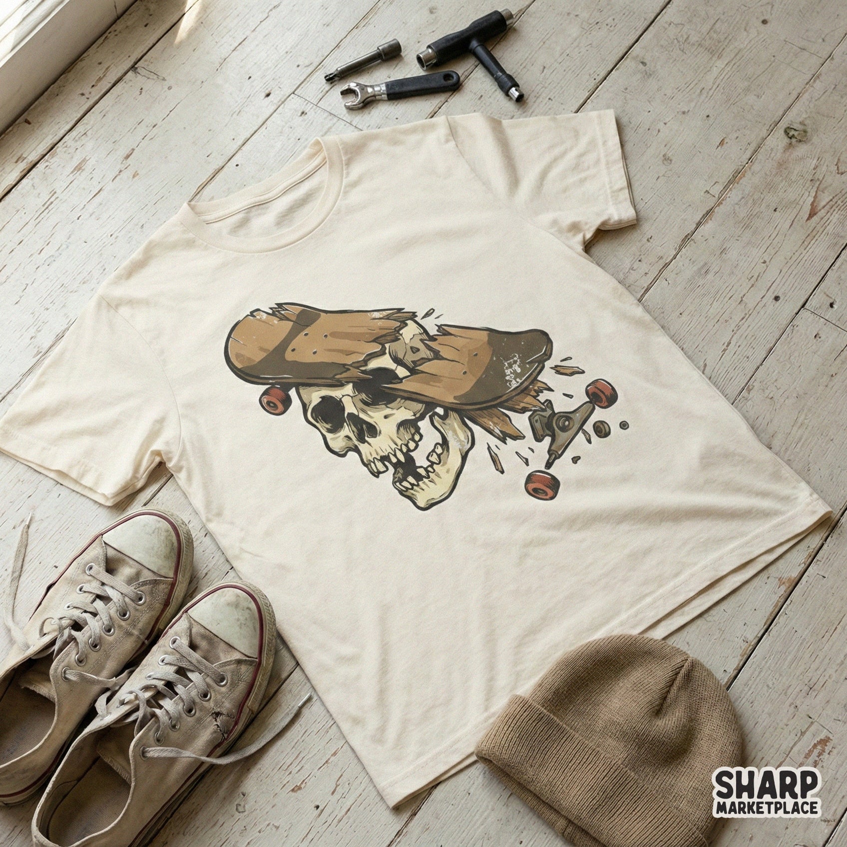 Broken Skateboard Skull PNG, Edgy Skater Art - 300 DPI Design for T-Shirt