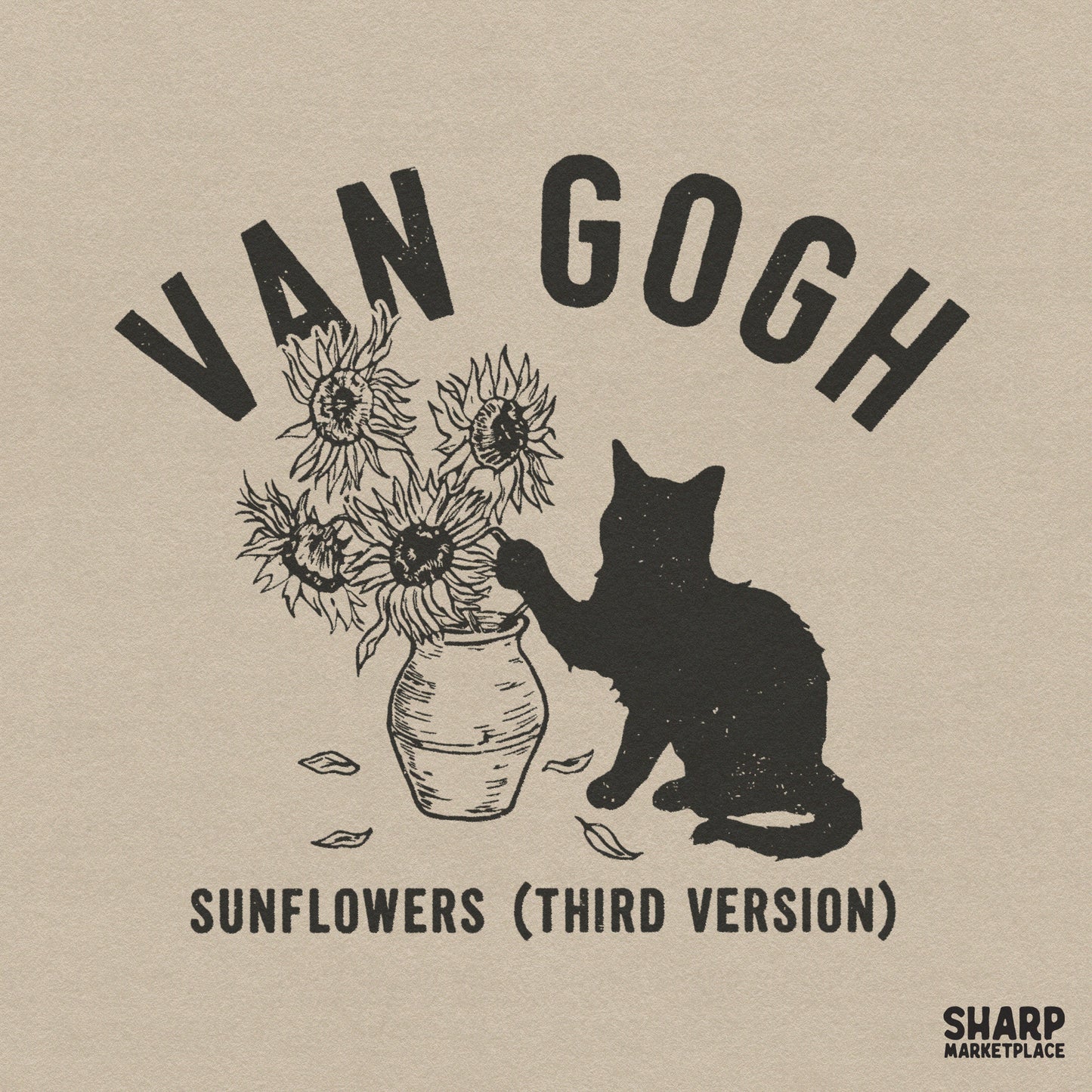 Van Gogh sunflower art parody with a naughty kitten knocking over a vase for a sarcastic cat mom funny png design