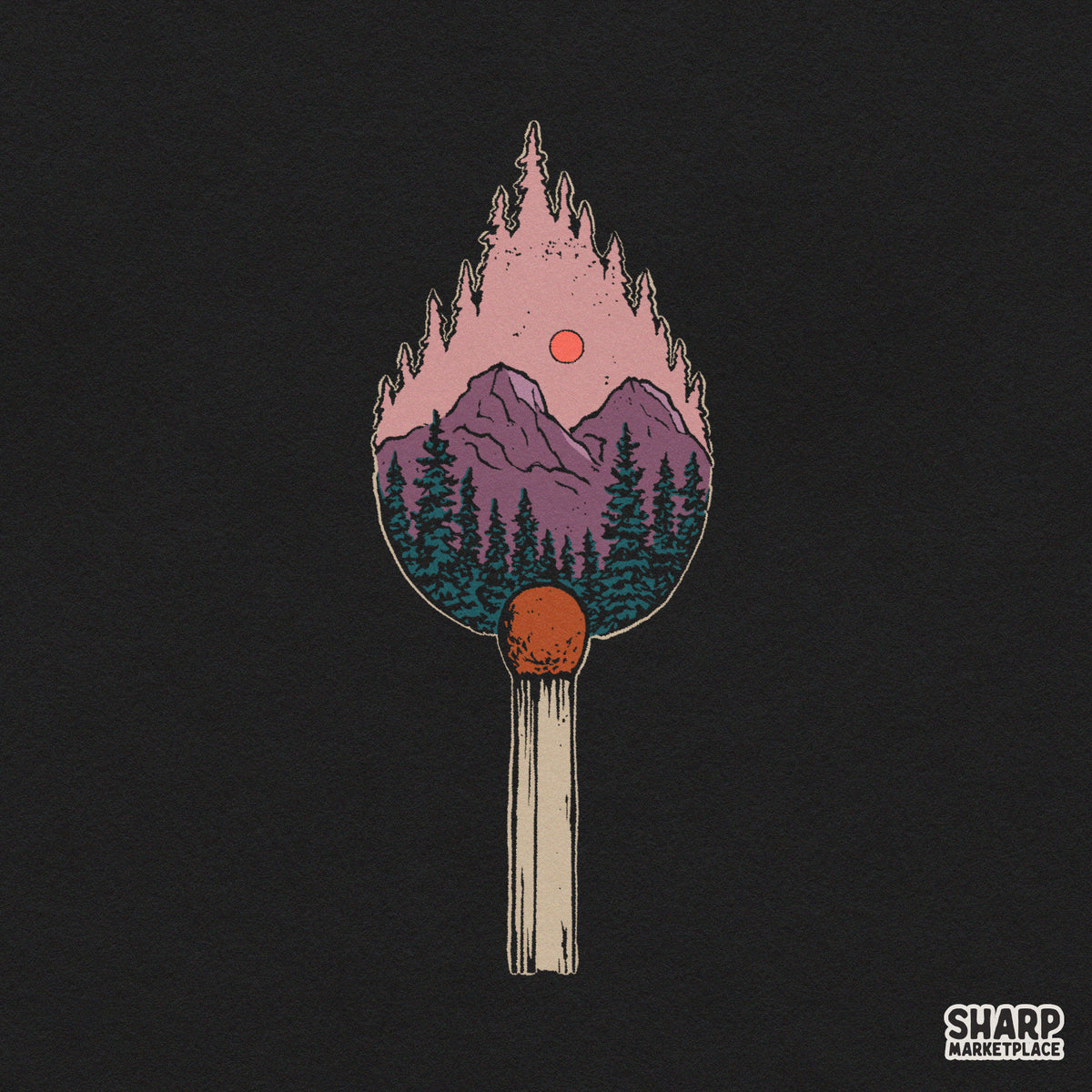Mountain Forest Matchstick Flame Art, Trendy PNG Nature