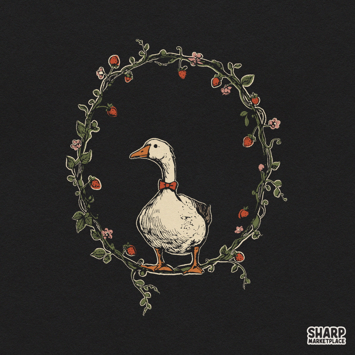 Cute goose wearing a red bowtie inside a strawberry wreath cottagecore sublimation design for t-shirts and craft projects