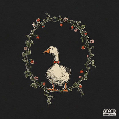 Cute goose wearing a red bowtie inside a strawberry wreath cottagecore sublimation design for t-shirts and craft projects