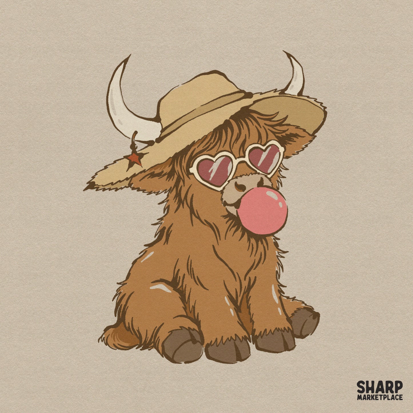 Cute highland cow digital illustration wearing a tan cowboy hat and pink heart-shaped glasses while blowing a bubblegum bubble for sublimation.
