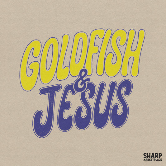 Retro-style digital design featuring the words Goldfish and Jesus in bold yellow and purple bubble typography on a neutral background.