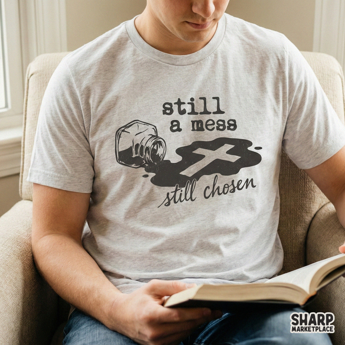Sublimation design featuring a spilled ink bottle and a cross silhouette, perfect for creating faith-inspired t-shirts, tumblers, and religious wall art.
