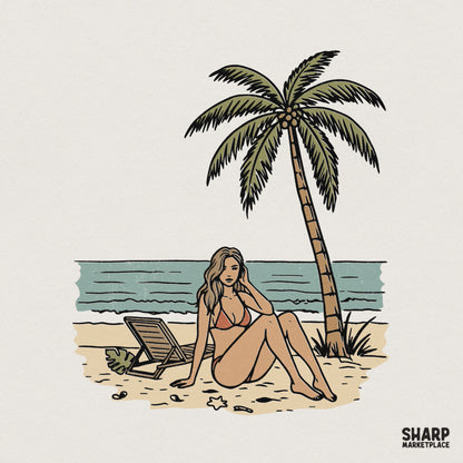 Retro Beach Girl PNG, Summer Palm Tree Digital Design - 300 DPI Design