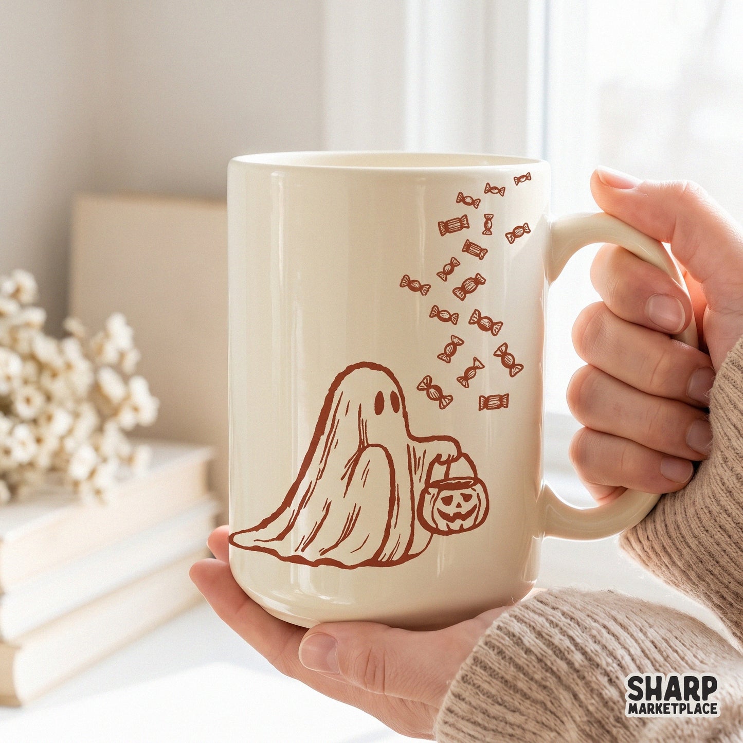 Retro Halloween ghost with trick or treat candy bucket PNG for spooky season sublimation and tumbler wraps