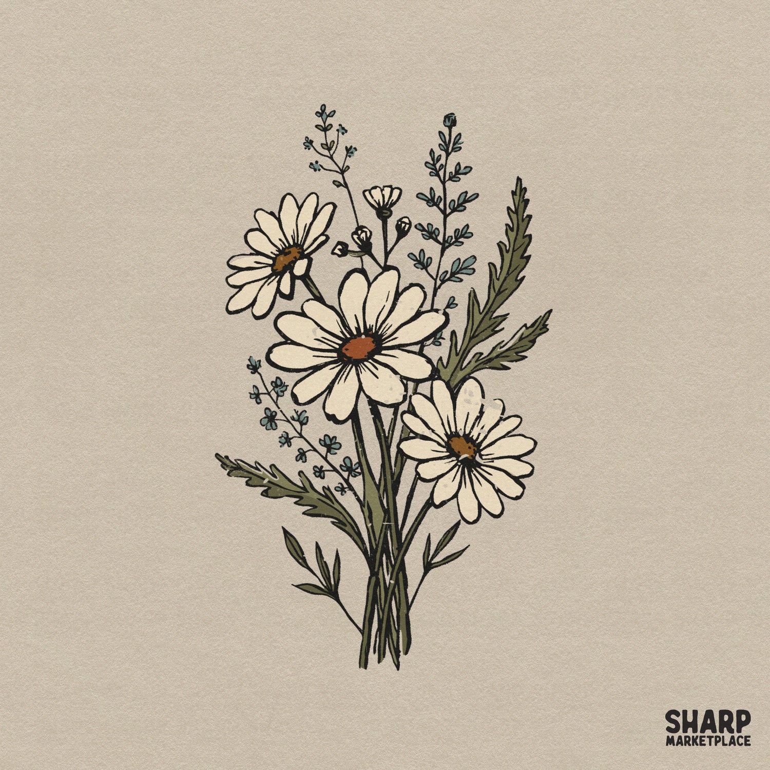 Hand-drawn wildflower daisy bouquet with cream petals and moss green stems, featuring a vintage botanical sketch style for spring apparel and crafts.
