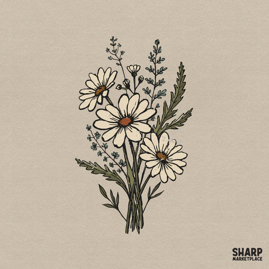 Hand-drawn wildflower daisy bouquet with cream petals and moss green stems, featuring a vintage botanical sketch style for spring apparel and crafts.