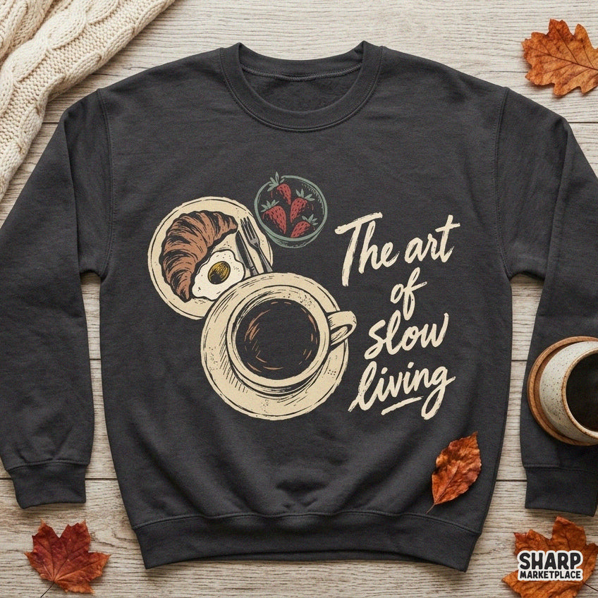 Aesthetic slow living coffee cup and croissant breakfast PNG design for cozy season shirt sublimation