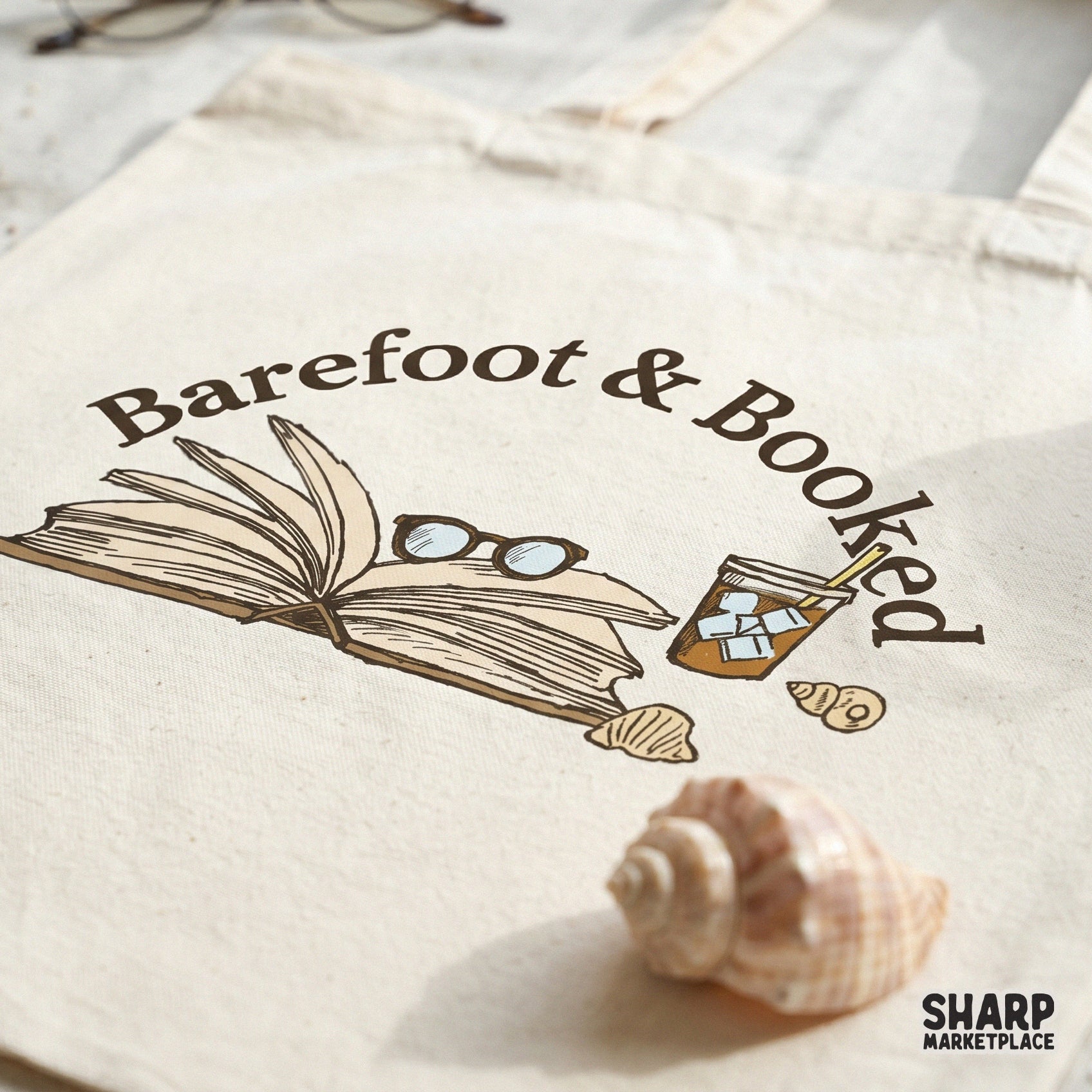 Barefoot & Booked summer PNG design with beach coffee and books for cozy library apparel and stickers