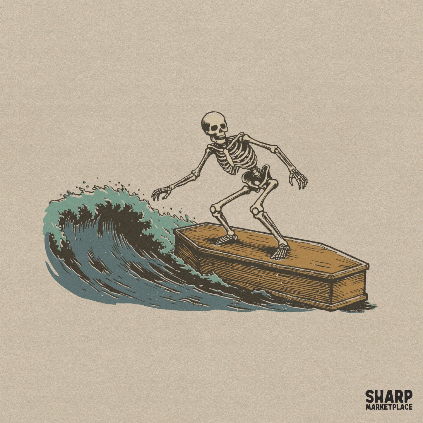 Vintage skeleton surfing in a coffin art illustration for a retro surf shirt design