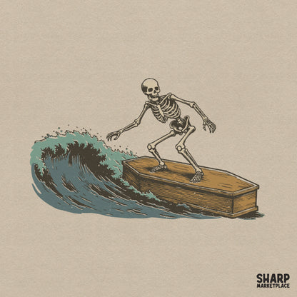 Vintage skeleton surfing in a coffin art illustration for a retro surf shirt design