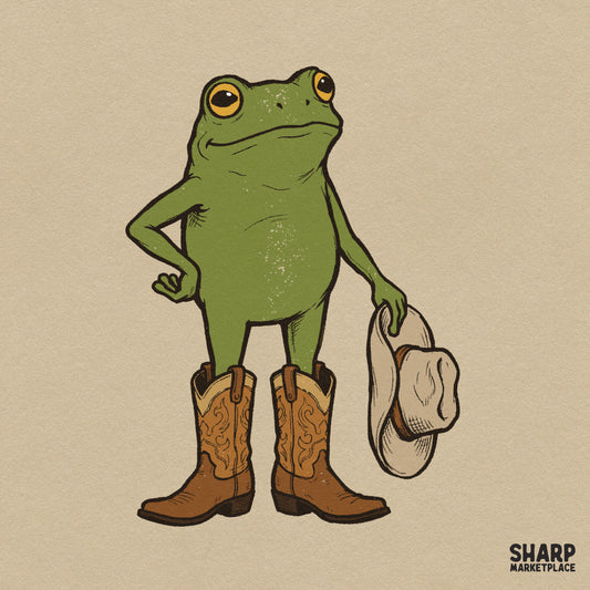 Cute green frog wearing cowboy boots holding a rodeo hat, funny retro western PNG graphic for t-shirt sublimation
