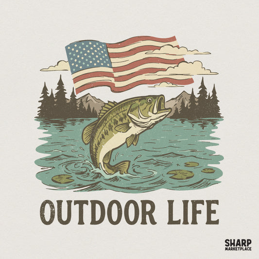 Outdoor Life PNG, Patriotic Bass Fishing Design - 300 DPI Design for