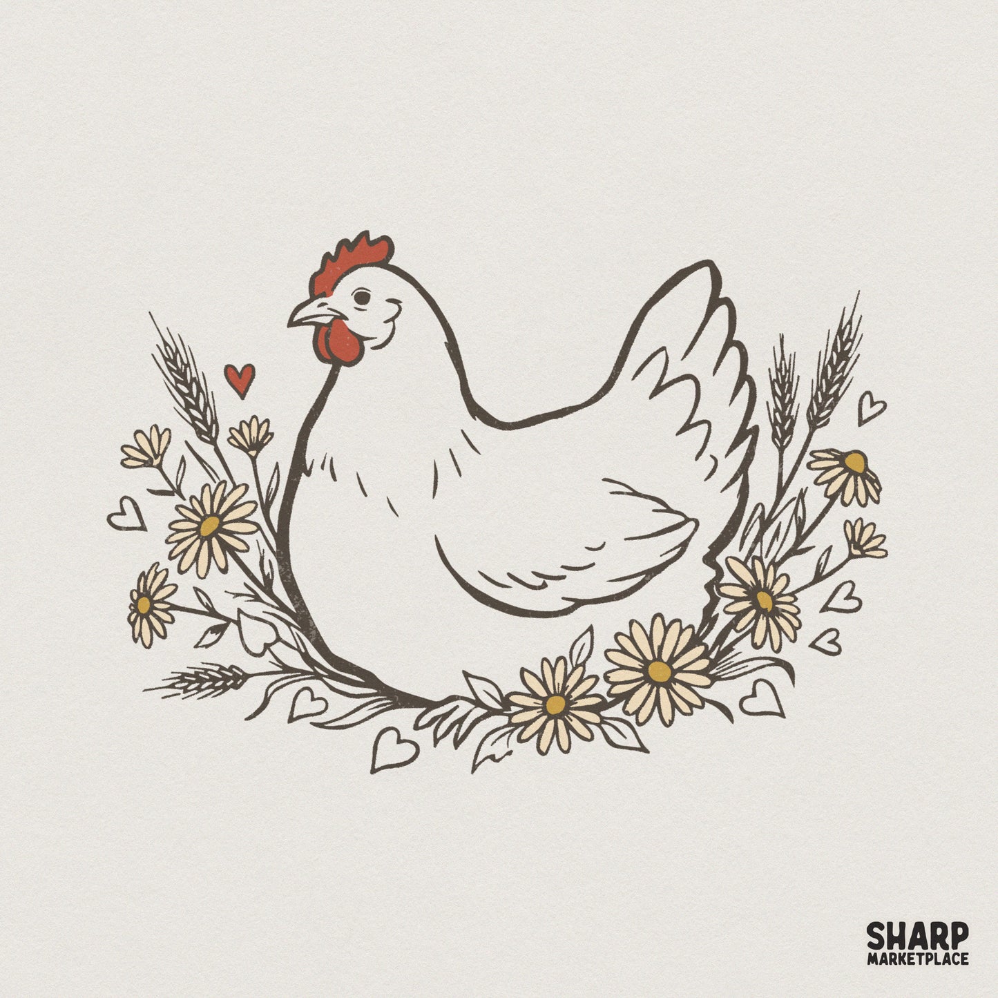 Hand-drawn white hen illustration surrounded by a rustic wreath of daisies, wheat stalks, and small hearts in a warm, muted farmhouse color palette.