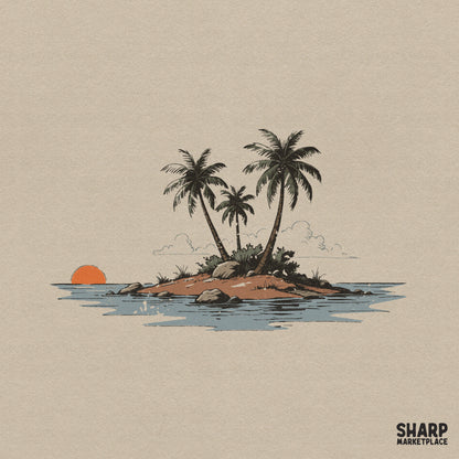 Retro tropical island sketch featuring three palm trees on a sandy islet with a sunset, perfect for summer sublimation and apparel designs.
