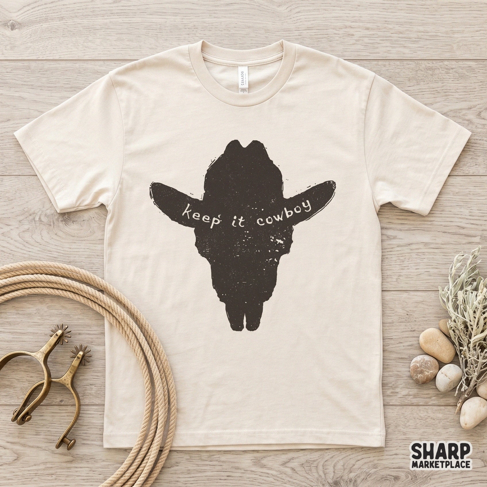 Vintage style western hat skull silhouette with arched text, designed for tumblers, apparel, and trendy rustic sublimation projects.