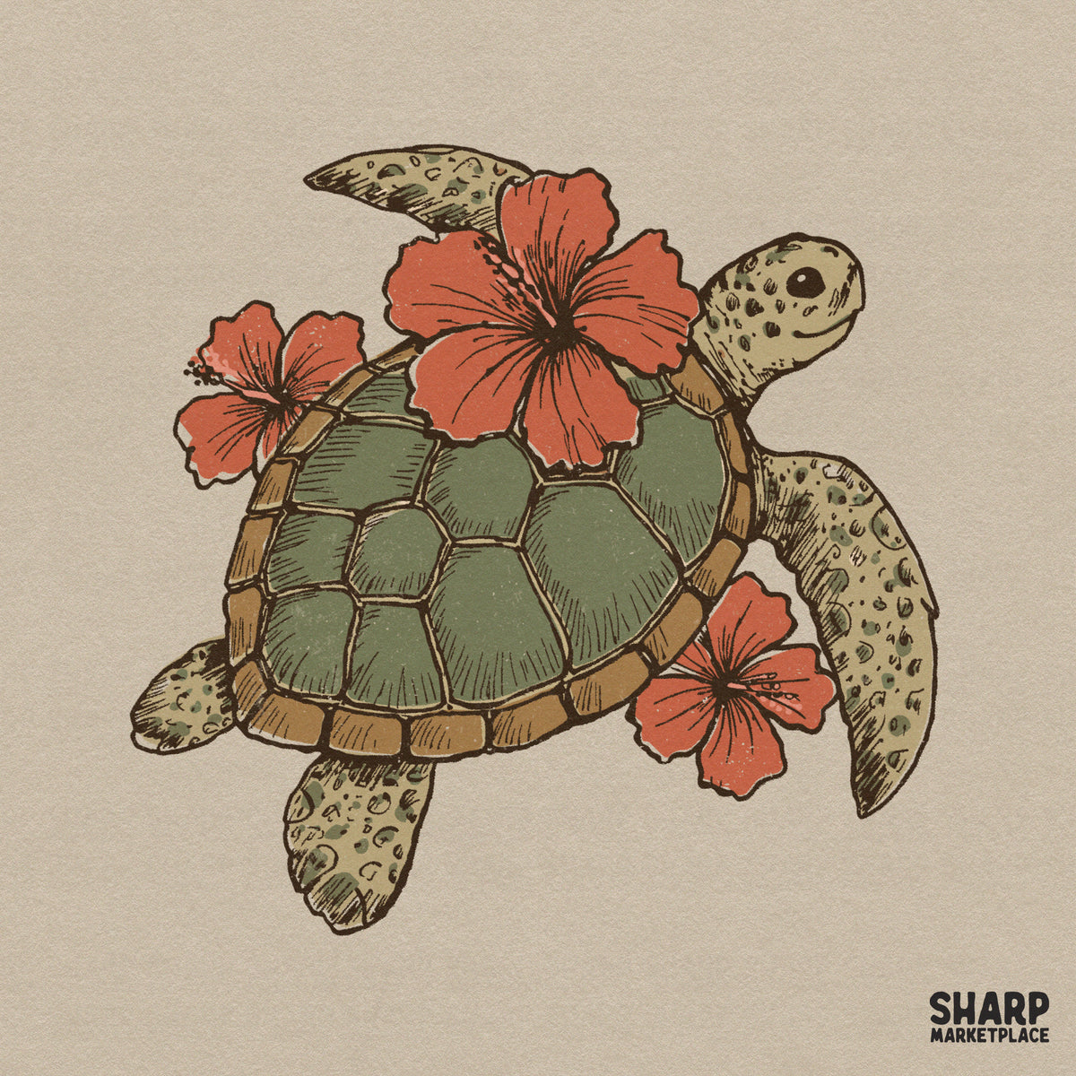 Hand-drawn sea turtle with three red hibiscus flowers in a vintage tropical style for sublimation or coastal apparel projects.