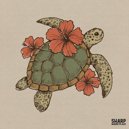 Hand-drawn sea turtle with three red hibiscus flowers in a vintage tropical style for sublimation or coastal apparel projects.