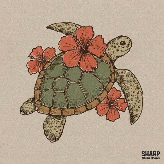 Hand-drawn sea turtle with three red hibiscus flowers in a vintage tropical style for sublimation or coastal apparel projects.