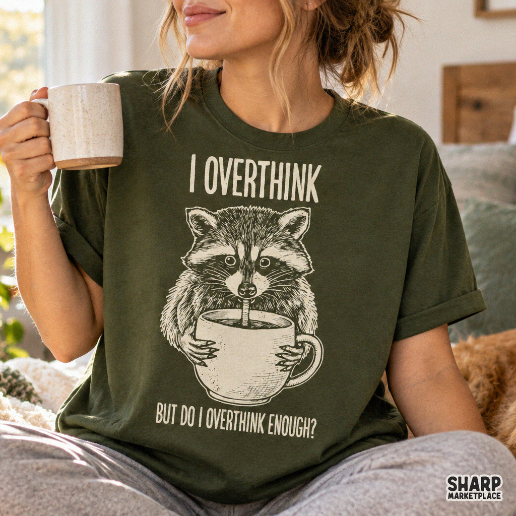 Funny overthinking raccoon drinking coffee sublimation PNG design for sarcastic t-shirts and tumbler wraps