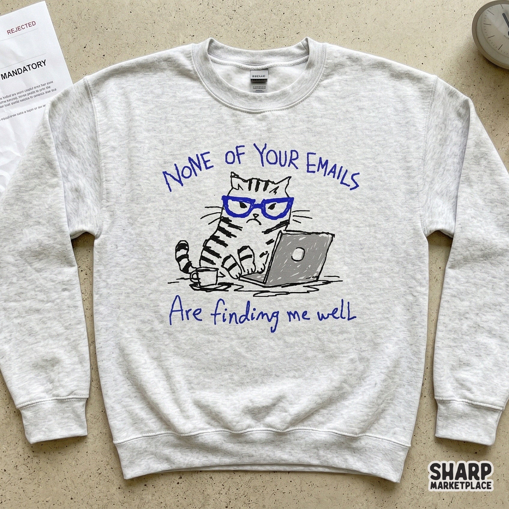 Expressive line art of a tabby cat working on a laptop with blue glasses, suitable for print-on-demand projects like tumblers, shirts, and wall art.