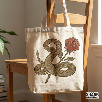Rattlesnake and Rose PNG, Vintage Tattoo-Style Snake Flower Art - 300 DPI