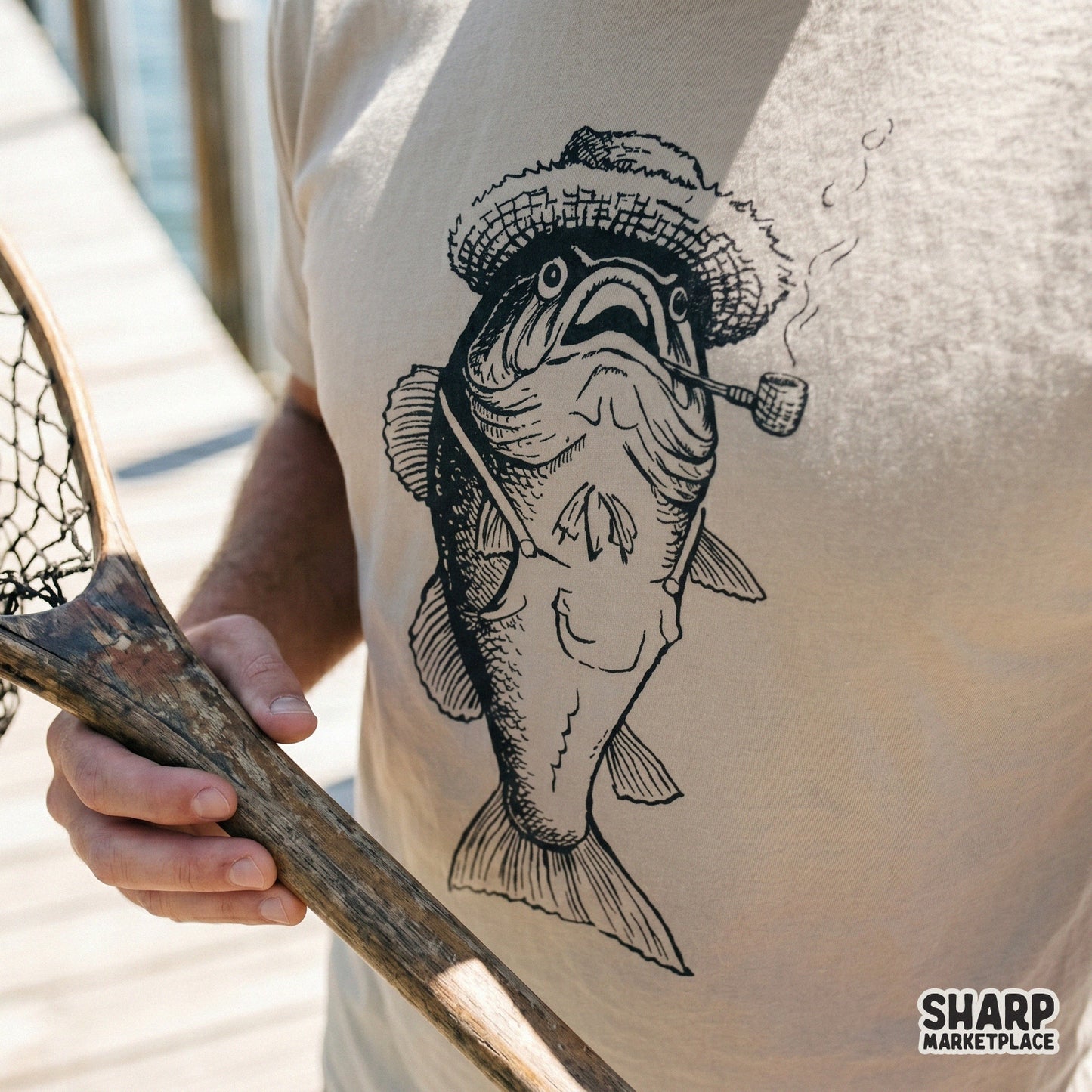 Funny retro bass fish wearing farmer overalls and a straw hat sublimation design for Father's Day t-shirts