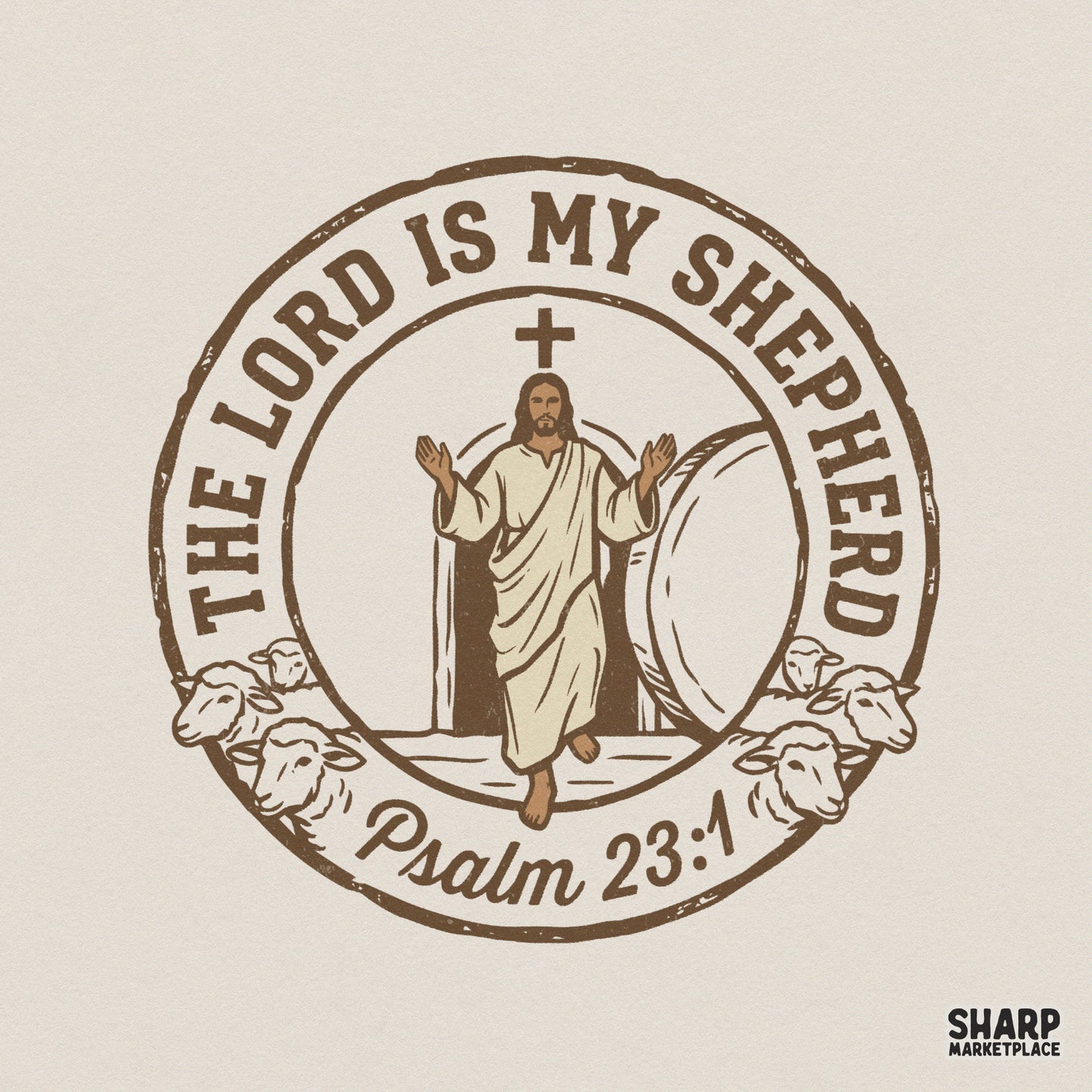 Vintage style Christian digital design featuring Jesus emerging from a tomb with sheep, a cross, and the text The Lord Is My Shepherd Psalm 23:1.