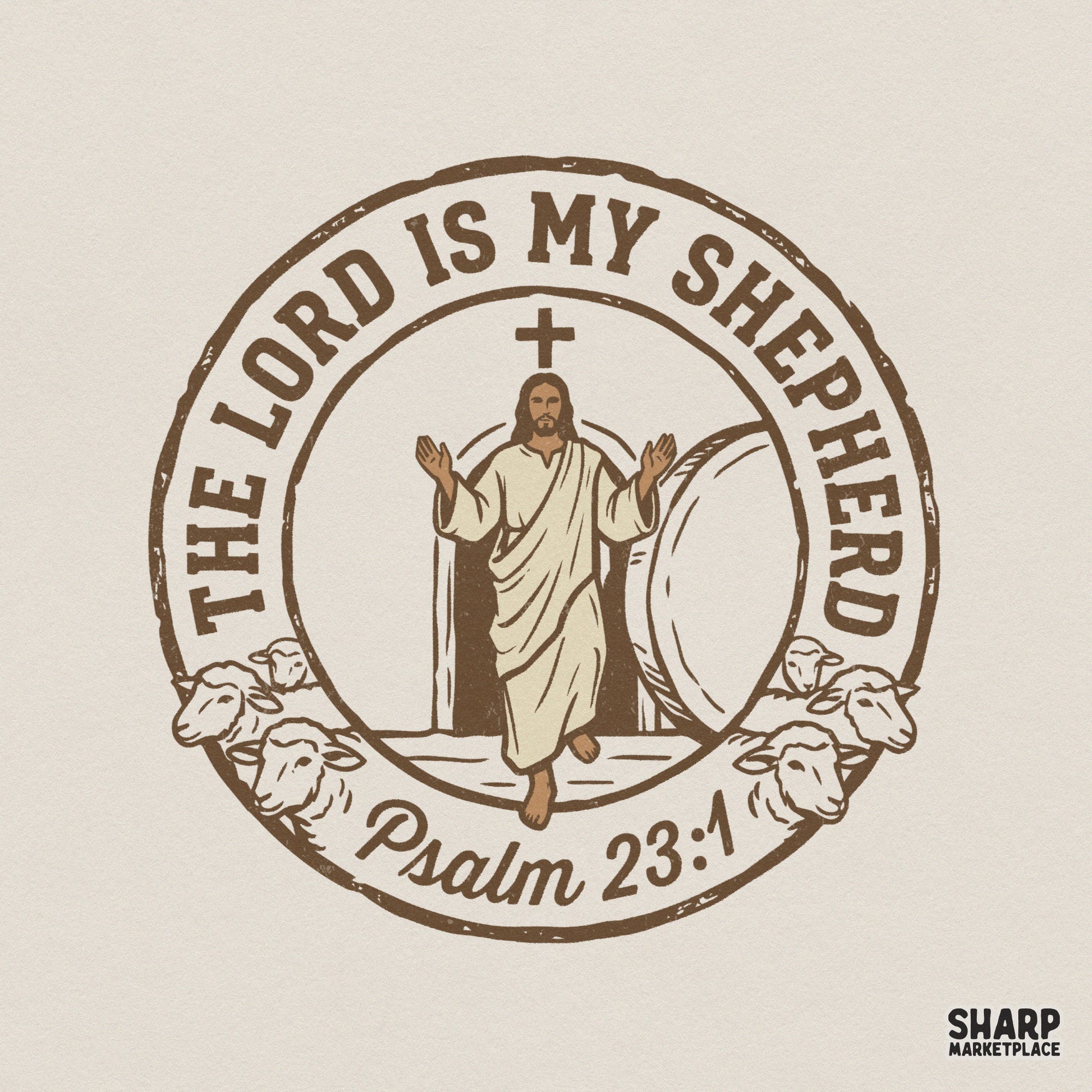 Vintage style Christian digital design featuring Jesus emerging from a tomb with sheep, a cross, and the text The Lord Is My Shepherd Psalm 23:1.