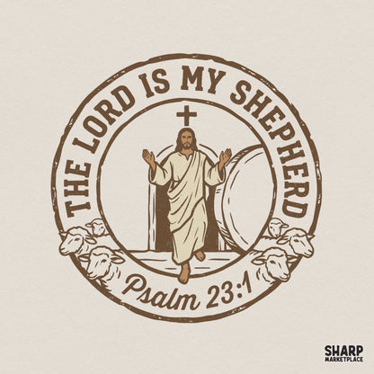 Vintage style Christian digital design featuring Jesus emerging from a tomb with sheep, a cross, and the text The Lord Is My Shepherd Psalm 23:1.