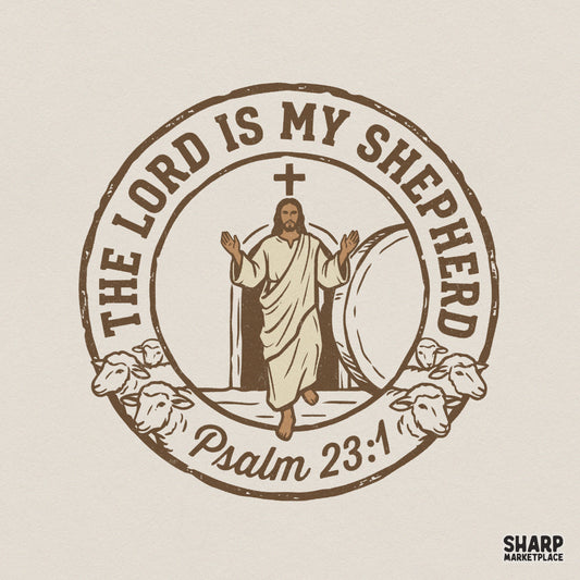 Vintage style Christian digital design featuring Jesus emerging from a tomb with sheep, a cross, and the text The Lord Is My Shepherd Psalm 23:1.