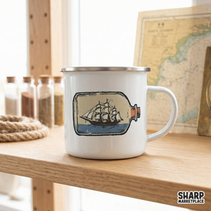 Detailed digital artwork of a classic ship in a bottle, perfect for nautical-themed sublimation transfers, stickers, or custom apparel designs.