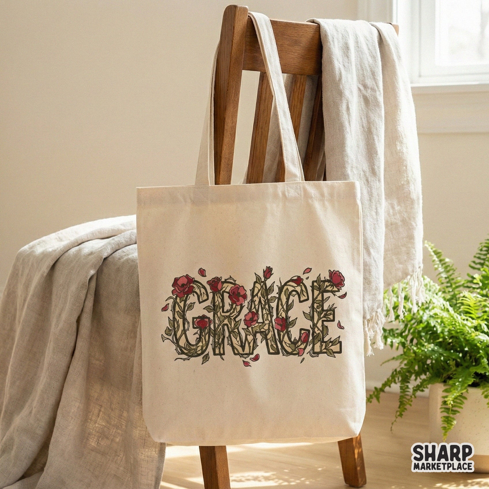 Grace Floral Word Art Shirt, Botanical Rose Tee - 300 DPI Design for