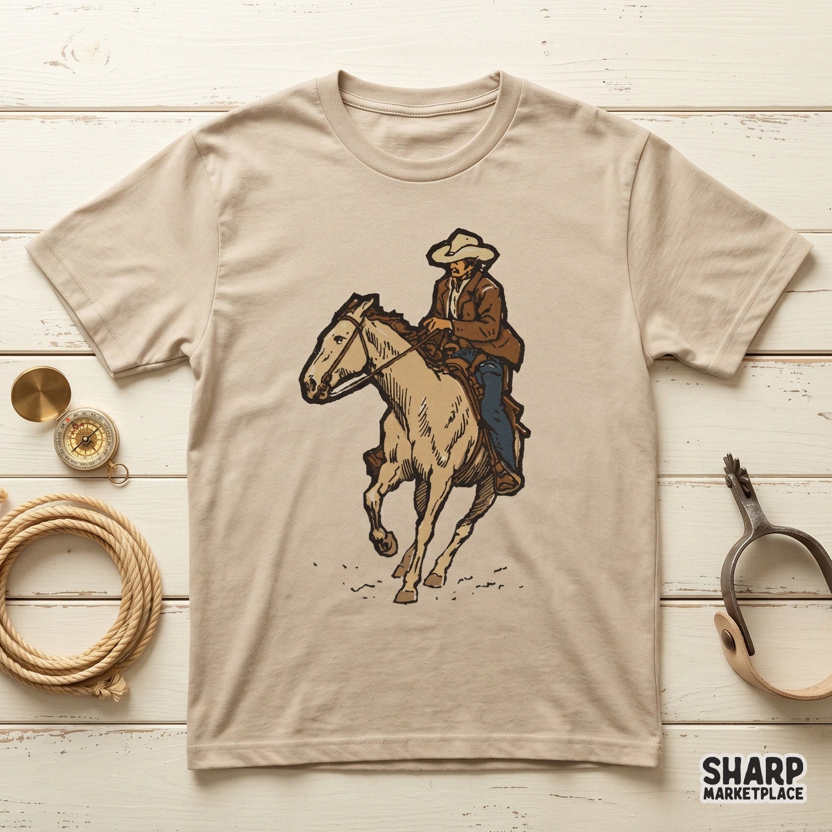 Detailed cowboy on horse graphic with a classic western aesthetic, designed for easy integration into sublimation projects, stickers, and tumblers.