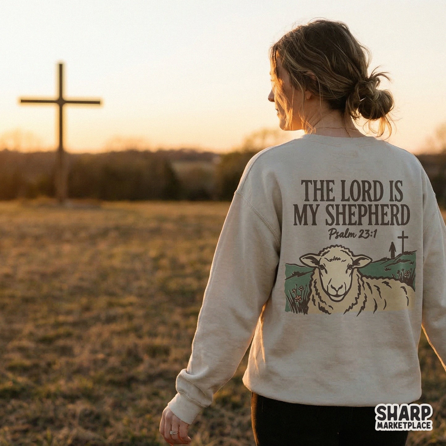 Printable scripture artwork with a vintage earth-tone color palette, featuring a sheep illustration and the text The Lord Is My Shepherd Psalm 23:1.