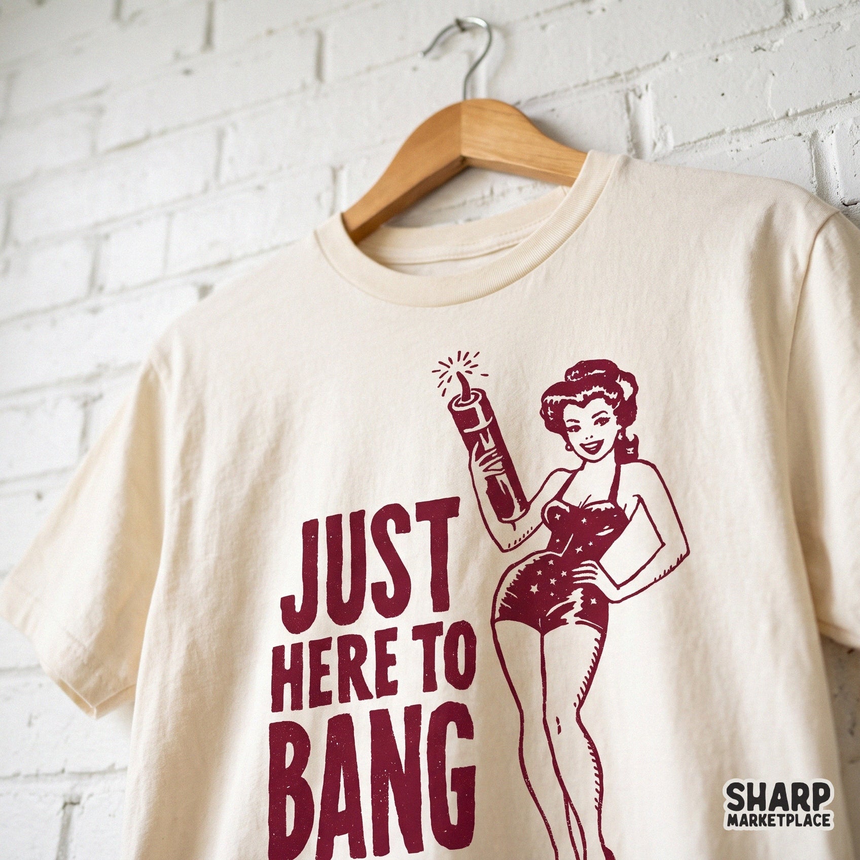 Retro pin up girl with firecracker and patriotic text for funny 4th of July graphic t-shirt designs and DIY crafts